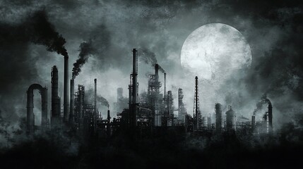 Obraz premium Industrial cityscape with chimneys emitting smoke under a large moon with dramatic clouds