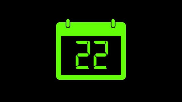 Calendar animation of the 22th day of the month on a black background. Date 22 animation with calender. Green color Calendar with date animation. Time and date management schedule icon.