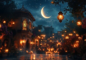 Serene Night with Crescent Moon Lanterns and Charming Architecture