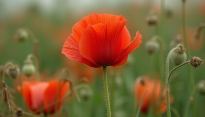 Fototapeta premium Red poppy flower with buds in a field representing remembrance