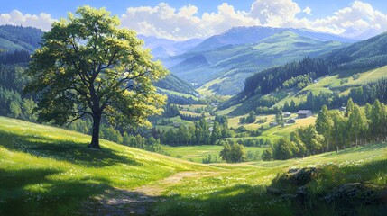 Summer Landscape: Lush Green Valley with Solitary Tree