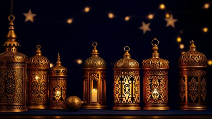Obraz premium Ornate Golden Lanterns Glowing Warmly Against A Night Sky, Evoking A Sense Of Peace And Celebration During Ramadan
