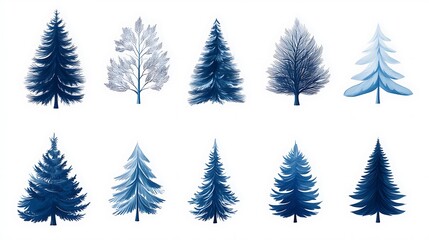 Obraz premium Winter Blues: A Collection of Hand-Drawn Evergreen and Deciduous Trees AI Generated