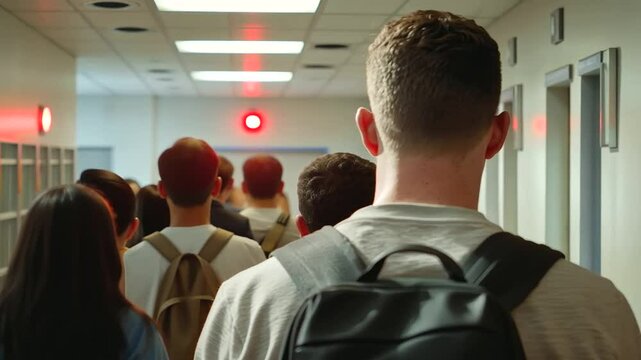 School safety drill with teacher leading students outdoors during alarm
