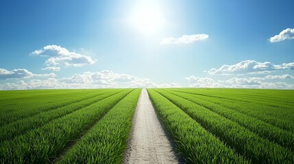 Pathway Through a Lush Green Field Under a Sunny Sky