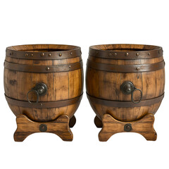 Fototapeta premium Wooden barrels creatively designed as decorative planters in a rustic interior setting with vintage charm