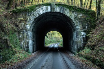 Exploring a historic railway tunnel surrounded by lush greenery during autumn