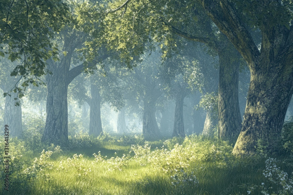 Poster misty forest landscape with towering trees and soft sunlight filtering through foliage