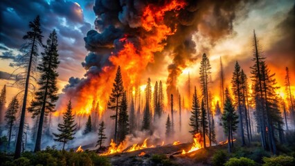 Dramatic Forest Wildfire with Intense Flames and Smoke Clouds