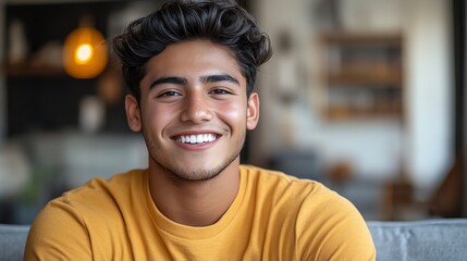 Obraz premium Smiling Young Person in Cozy Indoor Setting with Warm Lighting