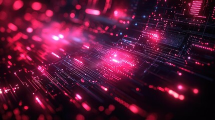 Obraz premium Abstract futuristic technology background with glowing circuitry and vibrant red hues representing digital advancement.