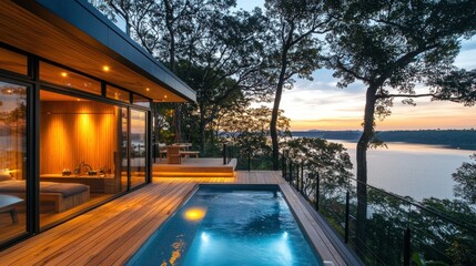 Fototapeta premium Modern cabin pool deck overlooking sunset water view