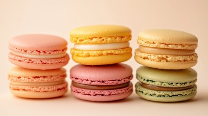 Fototapeta premium A vibrant display of macaroons in shades of pink, yellow, and green nestled harmoniously on a pristine light beige backdrop, ready to capture the attention of any dessert enthusiast.