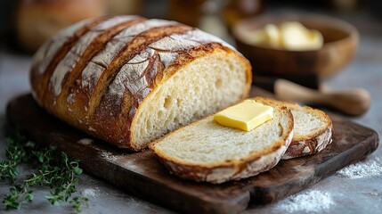 Freshly baked artisanal bread loaves sliced and served with butter on a rustic wooden board surrounded by herbs