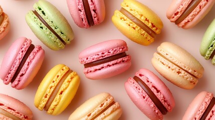 A vibrant display of macaroons in shades of pink, yellow, and green nestled harmoniously on a pristine light beige backdrop, ready to capture the attention of any dessert enthusiast.