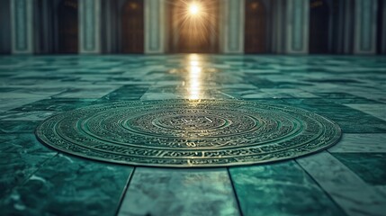 Intricately Designed Ornate Tile Floor with Geometric Patterns in a Grand Architectural Interior Bathed in Warm Light