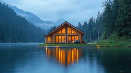 Fototapeta premium A serene wooden cabin reflecting in calm waters at twilight, nestled among trees in a mountainous landscape