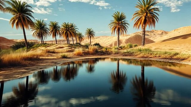 Oasis in the Desert with Palm Trees and Reflective Water, desert landscape