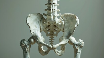 A detailed shot of a human pelvis model, showing the pelvic bones and joints, displayed against a solid background.