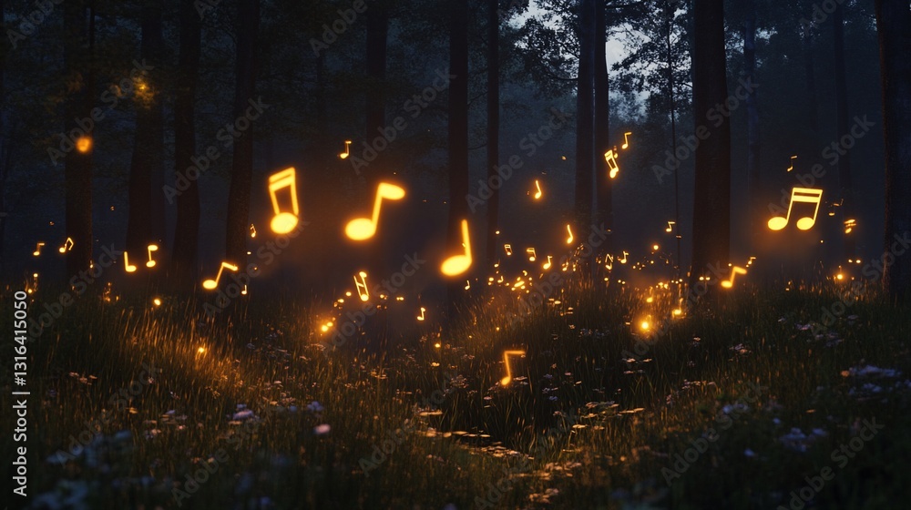 Aufkleber glowing musical notes float through a dark forest at twilight creating magic