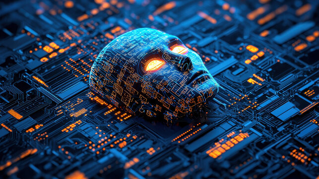 Futuristic AI detecting disinformation with glowing algorithms in a cybernetic realm