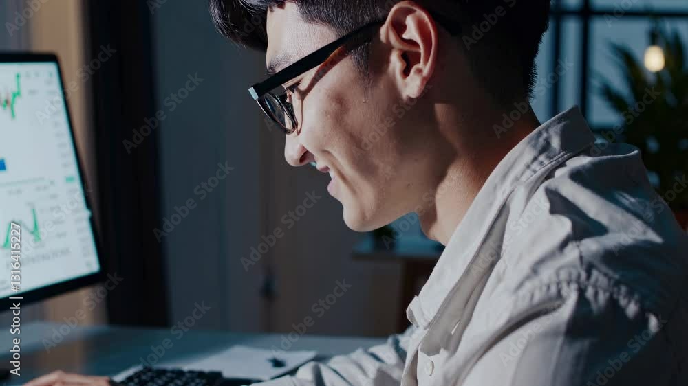 Poster a man analyzing stock market data on a computer screen, captured from a side angle. the video style 