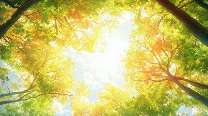 Fototapeta premium Sunlight Dappled Through Green and Yellow Autumn Leaves in Forest Canopy