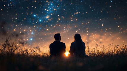 A romantic evening beneath a starry sky with a couple enjoying a cozy fire in a grassy field