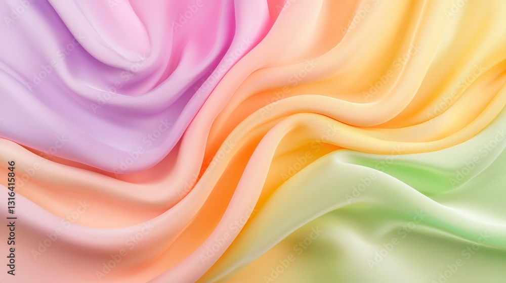 Poster a close-up view of softly draped, pastel-colored fabric, displaying gentle waves and a smooth textur