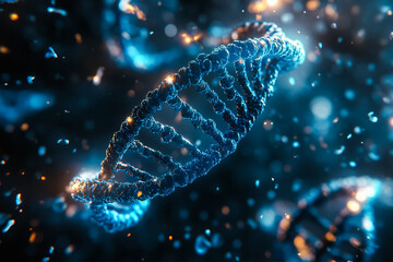 A closeup shows a DNA double helix structure, with a blue hue, speckled with gold, against a dark background. Biotechnology, research, or genetic studies.