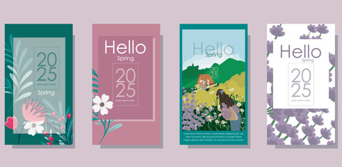 Hello Spring Poster Design with Countryside Illustration &ndash; Seasonal Nature, Flowers, and Rural Landscape Artwork. This poster design features a beautiful countryside illustration celebrating spring.