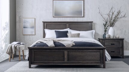 Generative AI, Modern Minimalist Bedroom with Wooden Bed Frame and Neutral Tones