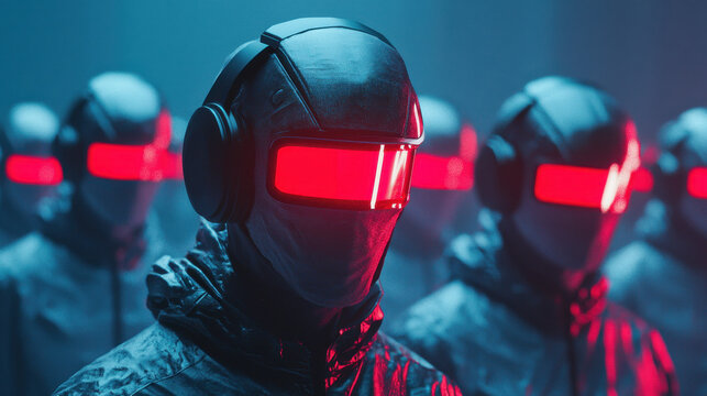 Social media bots create disinformation chaos in a cybernetic dystopia with glowing avatars
