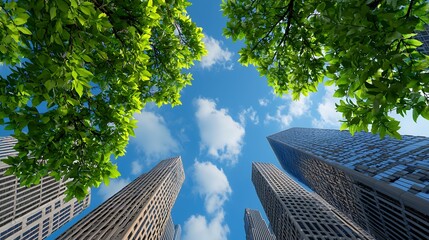 Urban Skyline and Lush Greenery Viewed from Below