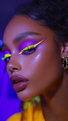 Naklejka premium A striking portrait captures a confident individual showcasing bold neon eye makeup against a creatively illuminated backdrop