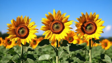 Obraz premium A vibrant trio of sunflowers stands tall against a clear blue sky in a lush field, showcasing nature's beauty and brightness