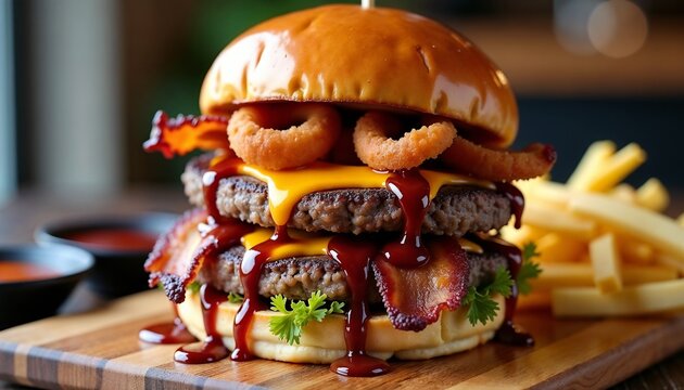 Mega burger with two beef patties, bacon, crispy onions, and barbecue sauce on a wooden board