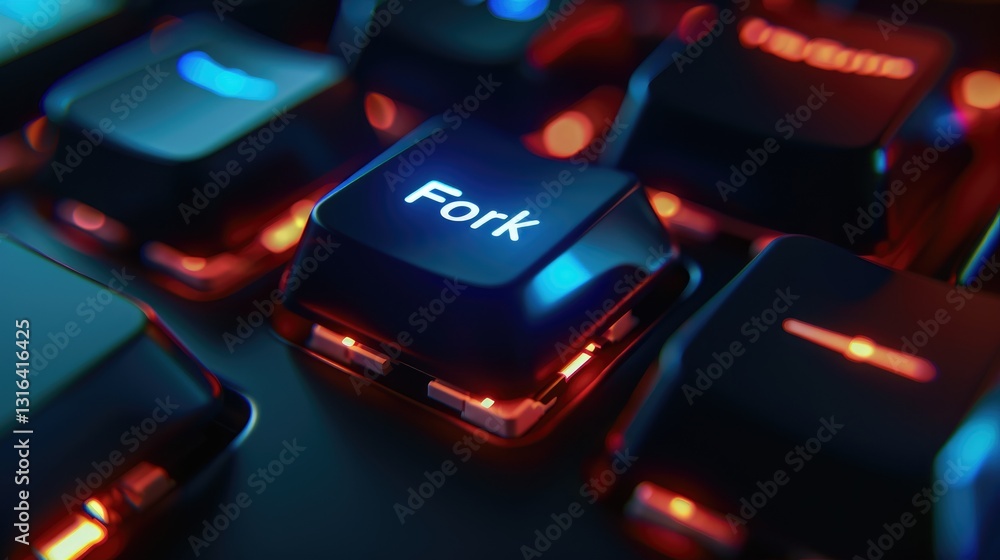 Poster a close-up view of a keyboard key illuminated in blue and red, labeled 