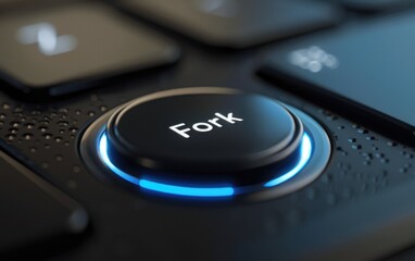 A close-up of a keyboard button labeled "Fork" illuminated with blue light, highlighting its significance in programming or computer functions.