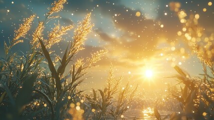 Fototapeta premium Golden grasses at sunrise over water; serene, tranquil scene