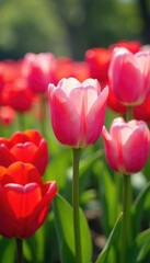 Fototapeta premium Pink and red tulips swaying gently in the breeze, gardens, arrangement