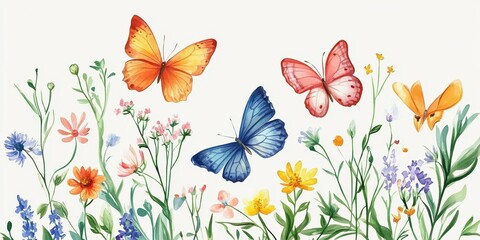 Fototapeta premium Colorful butterflies flying above a variety of blooming wildflowers and plants
