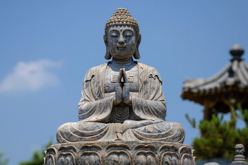 Obraz premium Ancient statue great Buddha on bright holiday composition, abstract vivid composition consists of fictional unreal fantastic vision on background