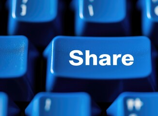 A close-up of a blue keyboard key labeled "Share" emphasizing digital sharing in online communication.