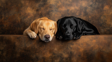Fototapeta premium golden and black labrador retrievers resting together on a soft surface against a warm-toned background