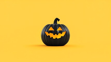 Spooky Black Pumpkin Jack-o'-lantern 3D Render on Yellow Background AI Generated