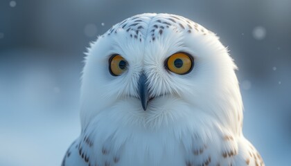 Obraz premium Snowy Owl's Head with Orange Eyes and Sharp Beak