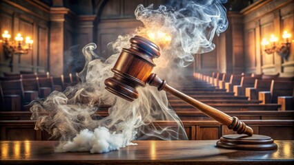 Gavel Surrounded by Smoke in an Empty Courtroom Setting