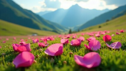 Obraz premium Pink rose petals scattered on a serene mountain meadow, grasses, field, flowers