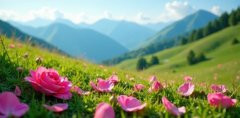 Fototapeta premium Pink rose petals scattered on a serene mountain meadow, sky, grasses, greenery